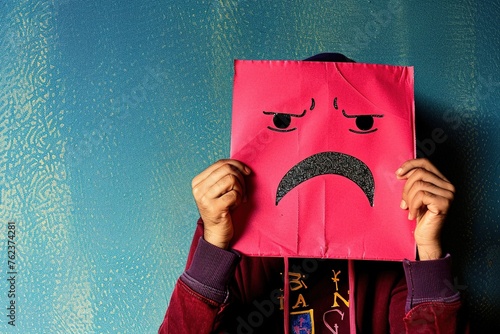 A person is holding a pink paper with a frowning face on it photo