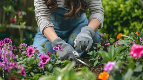 Closeup gardening woman with gloves and planting flower tool on garden © artbot