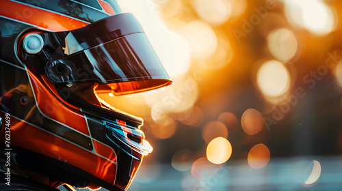 Close up of racing driver in red helmet with blurred bokeh background