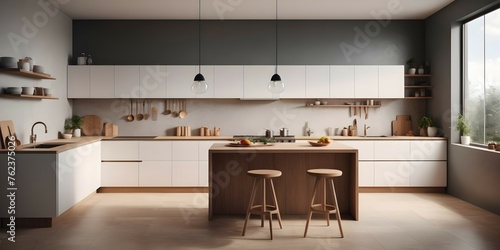 A visually pleasing photo of a minimalist kitchen, characterized by clean lines, minimal clutter, and a monochromatic color palette. © Zulfi_Art