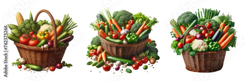 Composition with vegetables and fruits in wicker basket isolated on transparent background