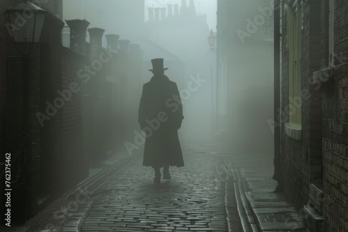 A foggy Victorian London alley, with the shadowy figure of Jack the Ripper looming, his silhouette barely visible in the mist photo