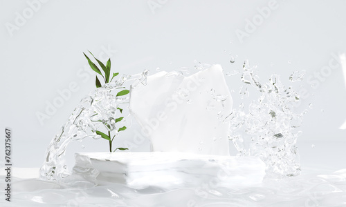 rock podium with water splash for product presentation. 3d illustration