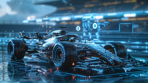 Design a Formula One car schematic brimming with futuristic details, set against a backdrop of data clouds and a dynamic GUI interface, all rendered with Unreal Engine's cutting-edge capabilities photo