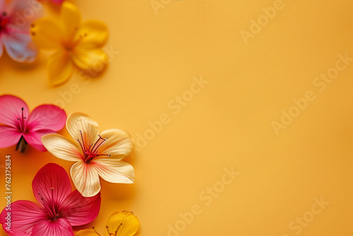 Colorful and beautiful flowers isolated in minimalist copy space yellow background, abstract flowers wallpaper concept, Beautiful flowers with empty space for text, top view of colorful spring flowers © Ishra