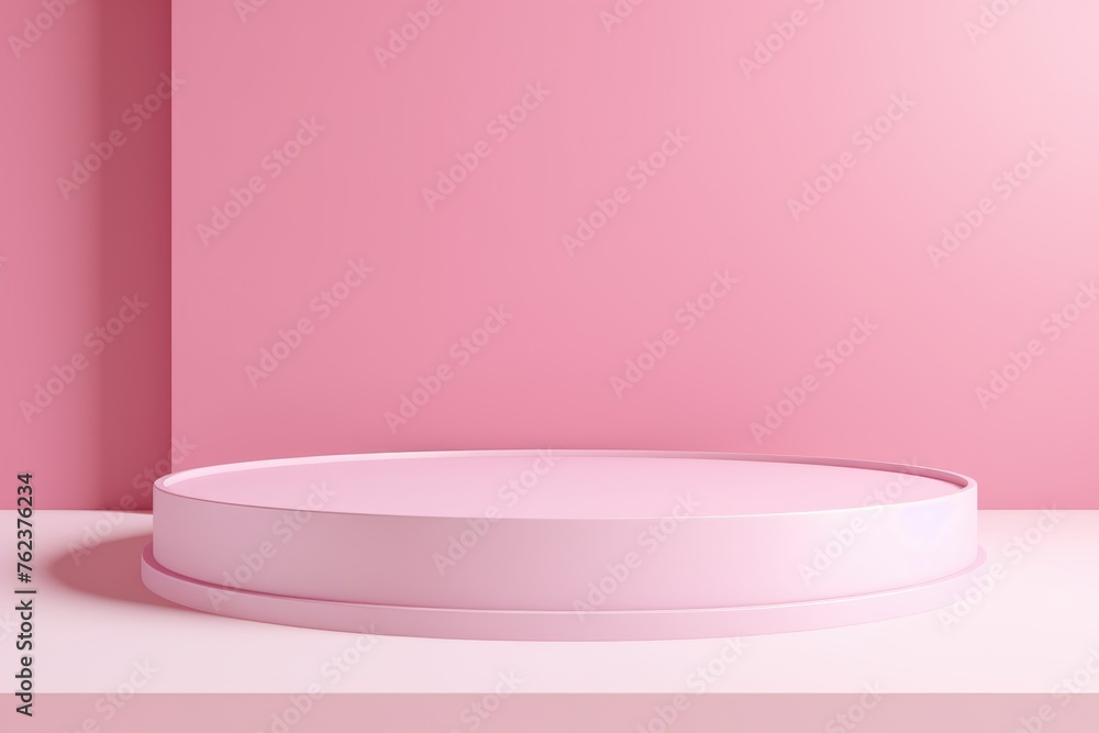 Minimalist pink podium on a matching pink background for product display. Minimalist pink podium on a matching pink background for product display.