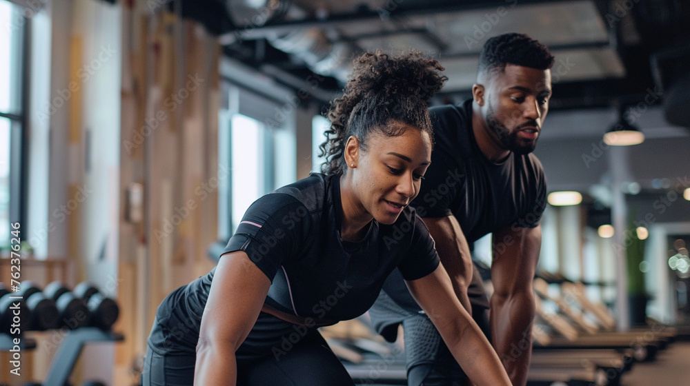 A man and a woman working out together in a modern gym setting A man and a woman working out together in a modern gym setting