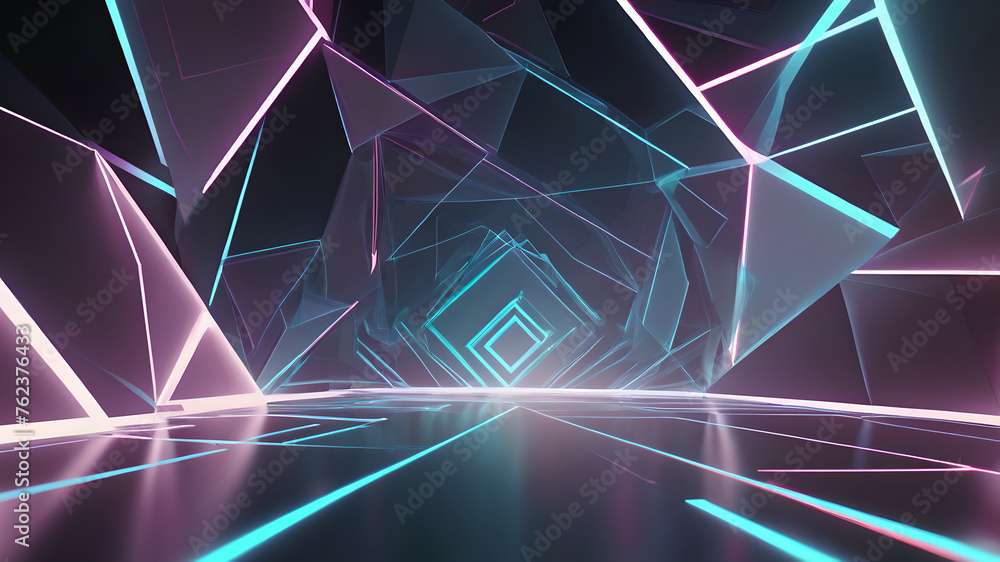 futuristic room at the end of which there is a light on a black background. futuristic room at the end of which there is a light on a black background.