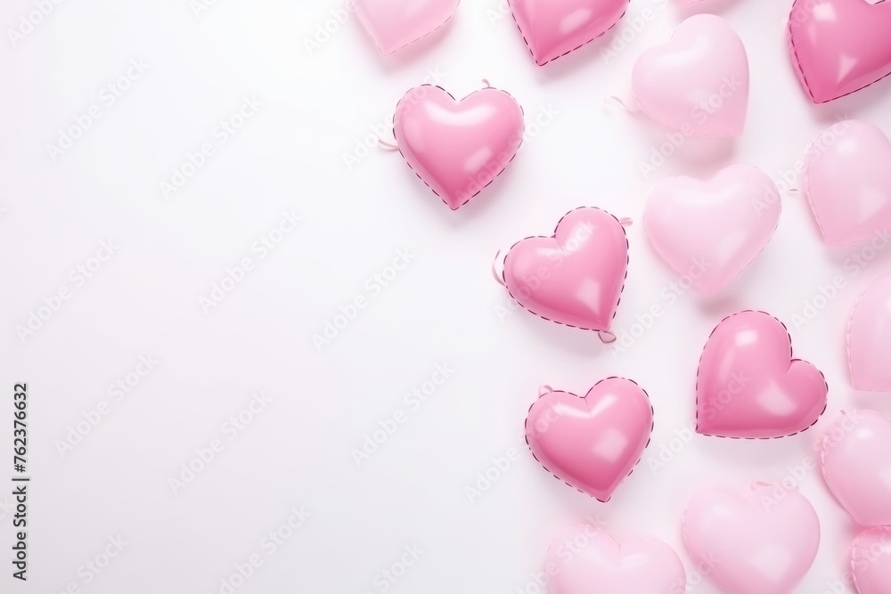 Pink heart-shaped balloons floating against a white backdrop.