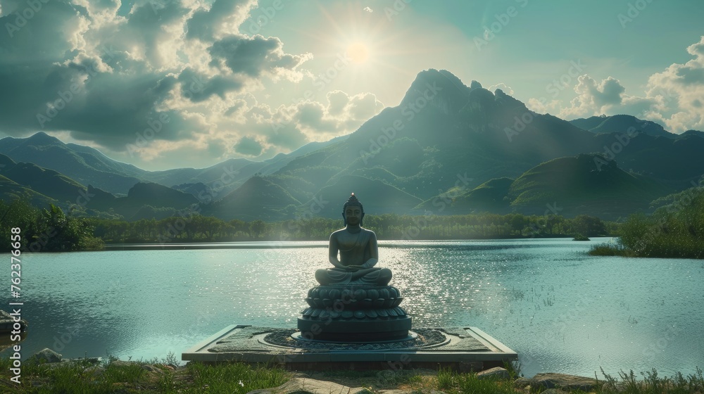 cinematic photograph of giant buddha statue on the beautiful lake sunny bright sunlit beautiful