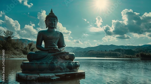 cinematic photograph of giant buddha statue on the beautiful lake sunny bright sunlit beautiful