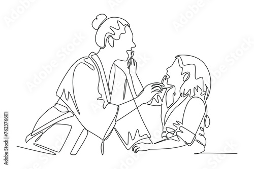 Single continuous line drawing of mother and daughter help each other brush their teeth. Medical health care service workers concept one line draw design vector illustration