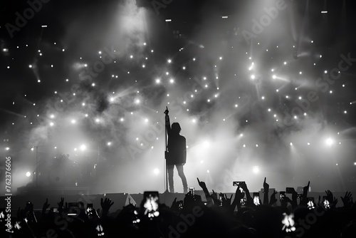 Lead singer of a band standing among people on a show, concert stage, black and white photo photo