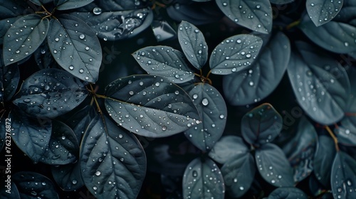 natural elegant leaves with raindrops, dark theme, copy and text space, nature background, 16:9