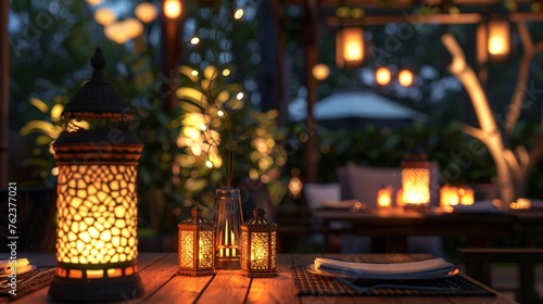 Closeup of traditional Thai dishes served in an elegant wooden house at night