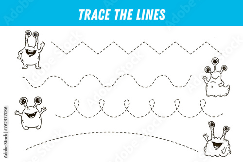 Tracing lines for kids. Cute cartoon monsters. Handwriting practice. Educational game for preschool kids. Coloring page. Activity page. Vector