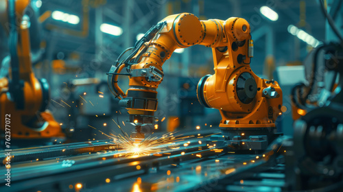 Precision welding by a yellow robotic arm on an automated production line, signifying modern manufacturing.