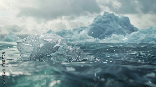 Construct a 3D animation featuring a plastic bag as an unexpected element in a stunning sea backdrop photo