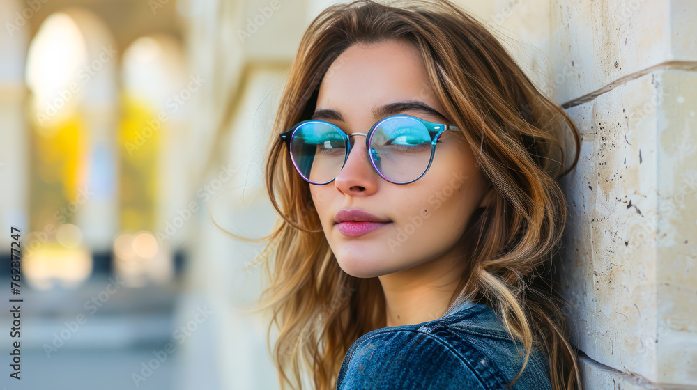 portrait of young beautiful woman wearing trendy glasses standing at stone city wall. Female student, freelancer. Stylish young woman wearing eyeglasses portrait of young beautiful woman wearing trendy glasses standing at stone city wall. Female student, freelancer. Stylish young woman wearing eyeglasses