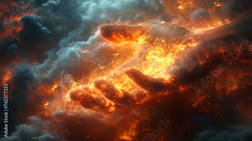 Dramatic fiery hands reaching out, symbolizing power, creation, or destruction against a tumultuous cloud background. © amixstudio