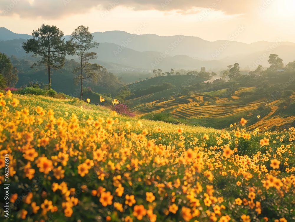 Golden hour light bathes a vibrant landscape of rolling flower fields with distant hills.