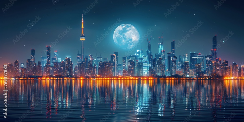 City Night Sky With Full Moon