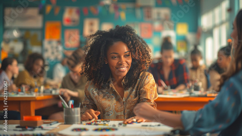 A young woman smiles brightly, enjoying a creative art class in a vibrant classroom setting.