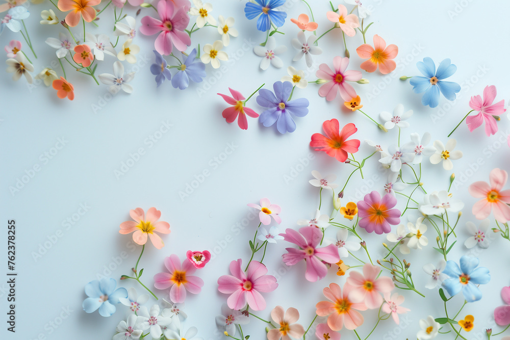 Colorful beautiful flowers in minimalist copy space background, abstract flower wallpaper concept, eye-catching Garden flowers over a blue flat background, Beautiful flowers with empty space for text