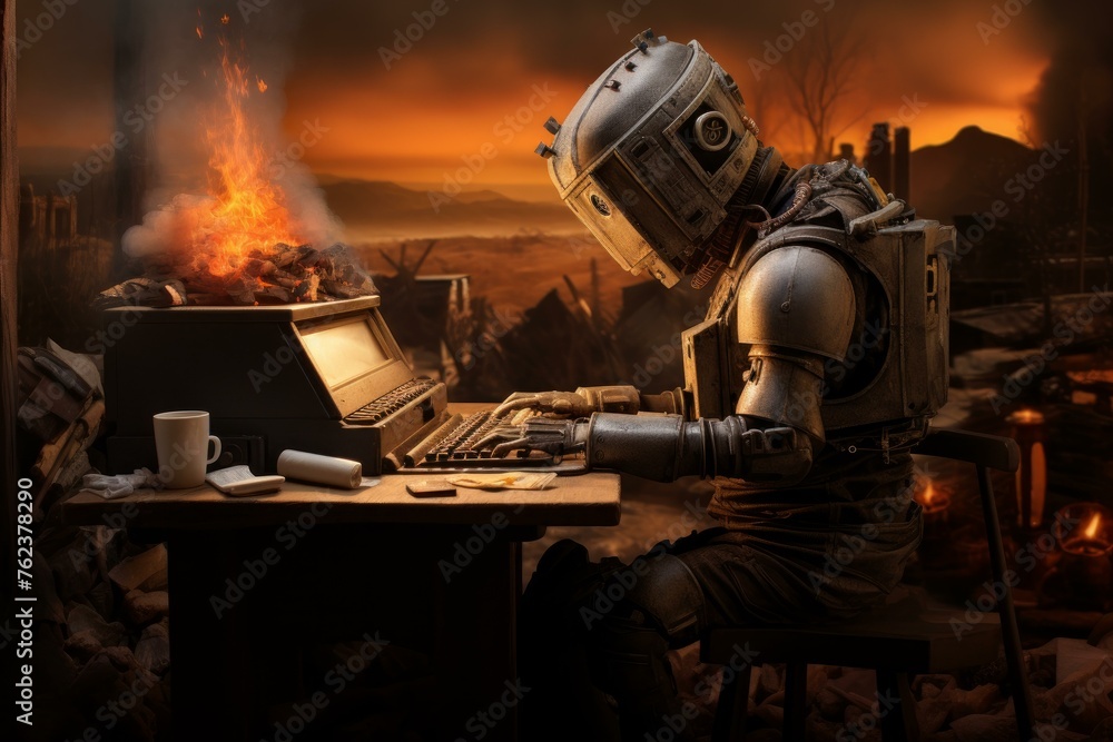 Diligent Medieval robot redactor working at typewriter. Robotic cyborg author writing script. Generate ai - obrazy, fototapety, plakaty 