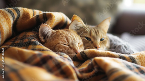 Two serene cats enjoy a tranquil nap together, wrapped in the warmth of a plaid blanket, cozy concept photo