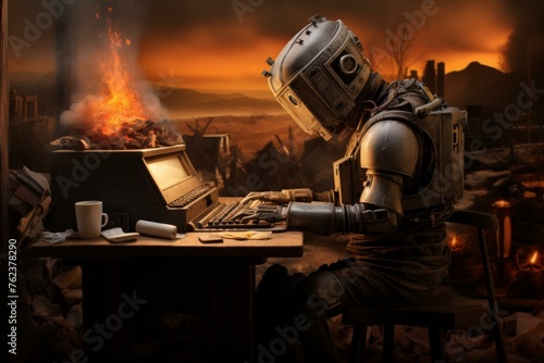 Diligent Medieval robot redactor working at typewriter. Robotic cyborg author writing script. Generate ai