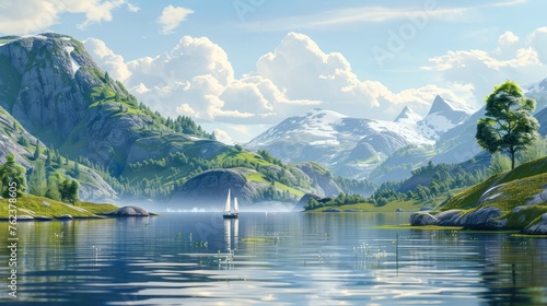 scenery with hills, a lake, and moorage photo