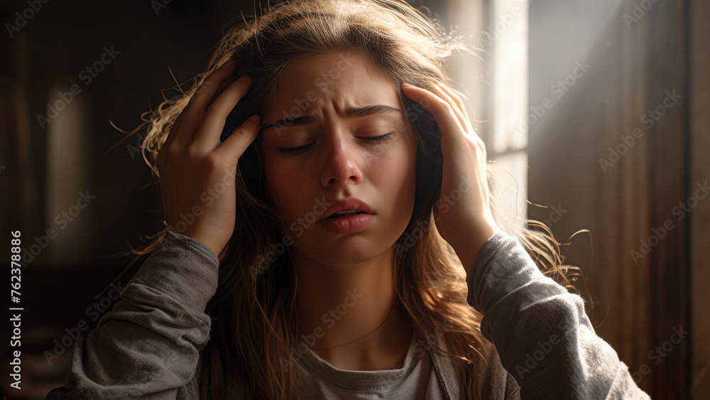 Woman in Discomfort Gripping Head Due to Overwhelming Fatigue
Woman in Discomfort Gripping Head Due to Overwhelming Fatigue