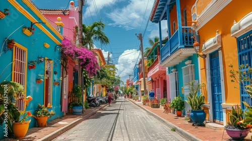 Colorful Buildings and Potted Plants Lining the Street