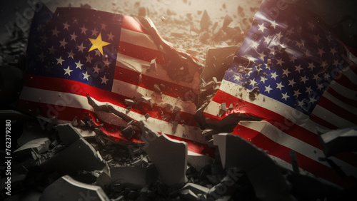 Shattered American flag symbolizing political division and conflict in a dramatic and powerful visual statement.   © Ariyl