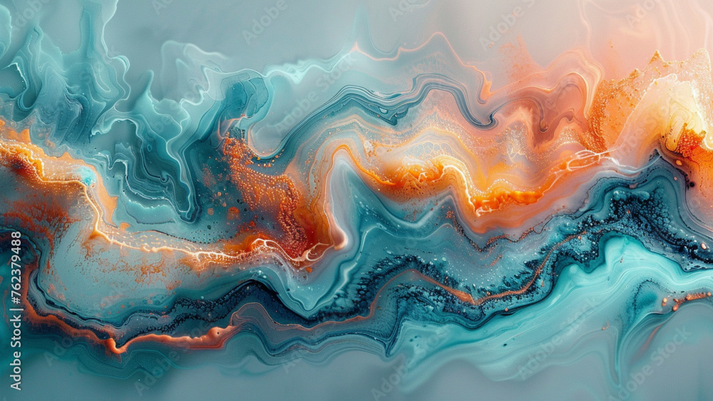 Beautiful abstraction of liquid paints in slow blending flow mixing together gently - obrazy, fototapety, plakaty 