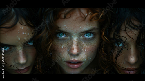 Triple exposure portrait of a woman with intense blue eyes and curly hair, evoking mystery and allure. © amixstudio
