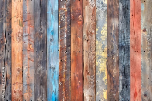 Vibrant Multicolored Wooden Fence Panels with Peeling Paint and Rustic Texture Background for Design Elements