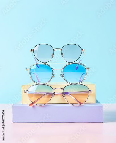 Trendy sunglasses still life in minimal style. Stylish sunglasses on a pink blue color block background - new summer eyewear fashion collection. Fashionable accessories. Optic store discount, sale