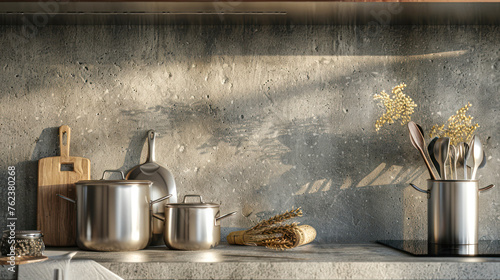 kitchen background. Counter with pots and cooking utensils. New modern grey kitchen interior. Restaurant, cafe kitchen interior