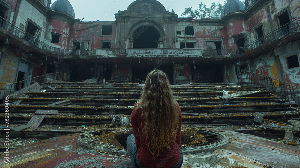 Woman sitting on steps of a dilapidated theater, contemplating amidst urban decay.