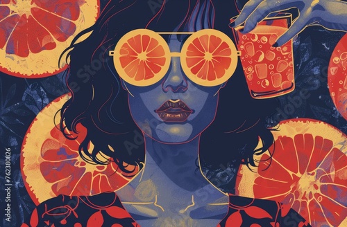 Citrus Vision: Artistic Portrait with Orange Slices, imaginative portrait of a woman obscured by orange slice sunglasses, holding a vibrant red drink, set against a backdrop of citrus fruits