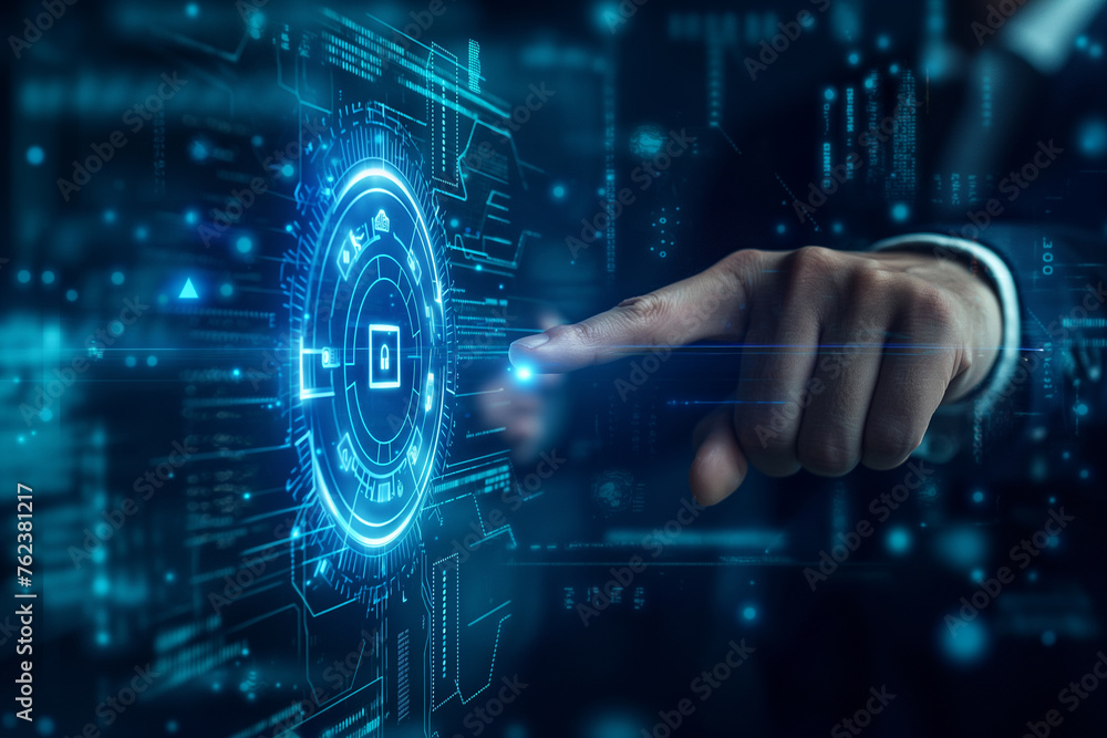 The young man's hand touched the introduction of artificial intelligence. Cyberspace of the future Science and technological innovation big data concept The young man's hand touched the introduction of artificial intelligence. Cyberspace of the future Science and technological innovation big data concept
