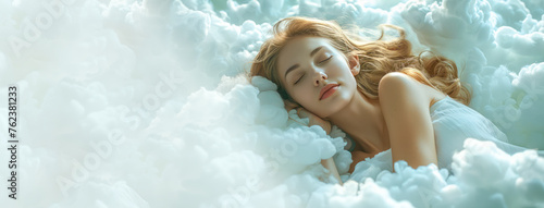 Natural cotton bed sheets, comfortable mattress banner. beautiful young woman wearing nightdress lying asleep relaxing sleeping in cozy white clouds on soft pillow resting enjoying good healthy sleep