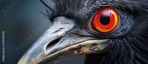 A close up of a bird of prey from the family Accipitridae with red eyes and a sharp beak. This terrestrial animal belongs to the order Falconiformes and is a stunning example of wildlife