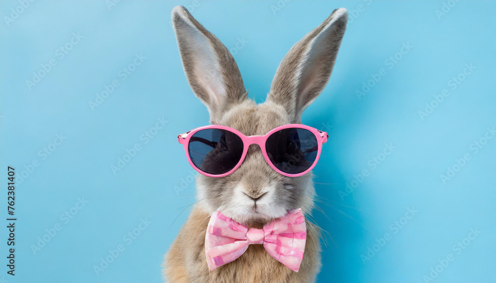 Chill Easter Bunny Rocks Sunglasses in Fun Photo with Easter Eggs and copy space