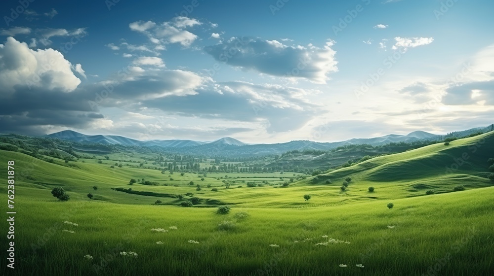 Beautiful panoramic background of natural scenic green field in natural park with cloud and blue sky during the day.