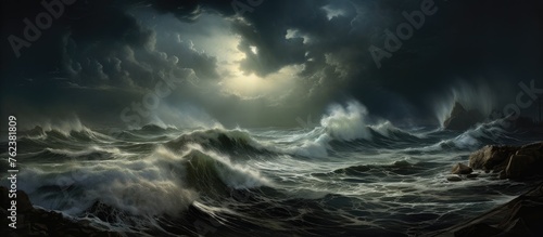 A dramatic painting of a stormy night ocean with a boat in the distance, featuring dark clouds and swirling winds creating an intense atmosphere