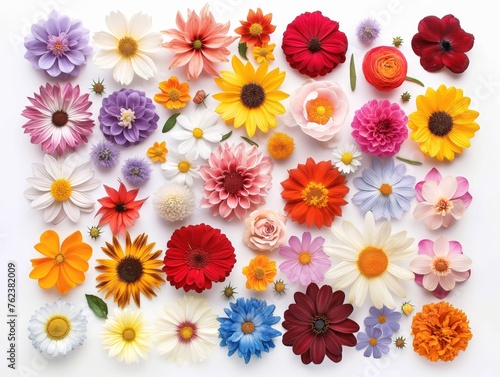 A vibrant selection of various colorful flowers arranged neatly against a white background.