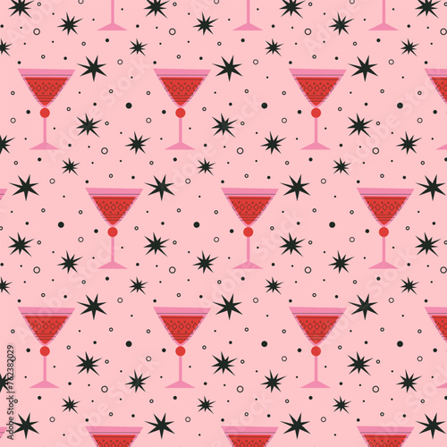 Pattern with alcoholic cocktails in glasses of different shapes in red and pink colors. Drinks in different types of vintage glasses. Modern design for greeting cards, posters, wrapping, pack paper.